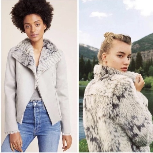 Anthropologie Gray Marrakech Faux Fur Suede Moto Reversible Jacket Sz M