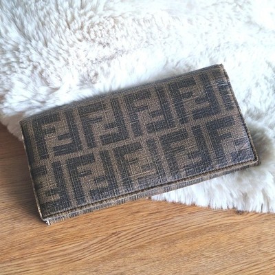 Fendi Zucca Canvas Leather Long Bifold Wallet Khaki Vintage Women s