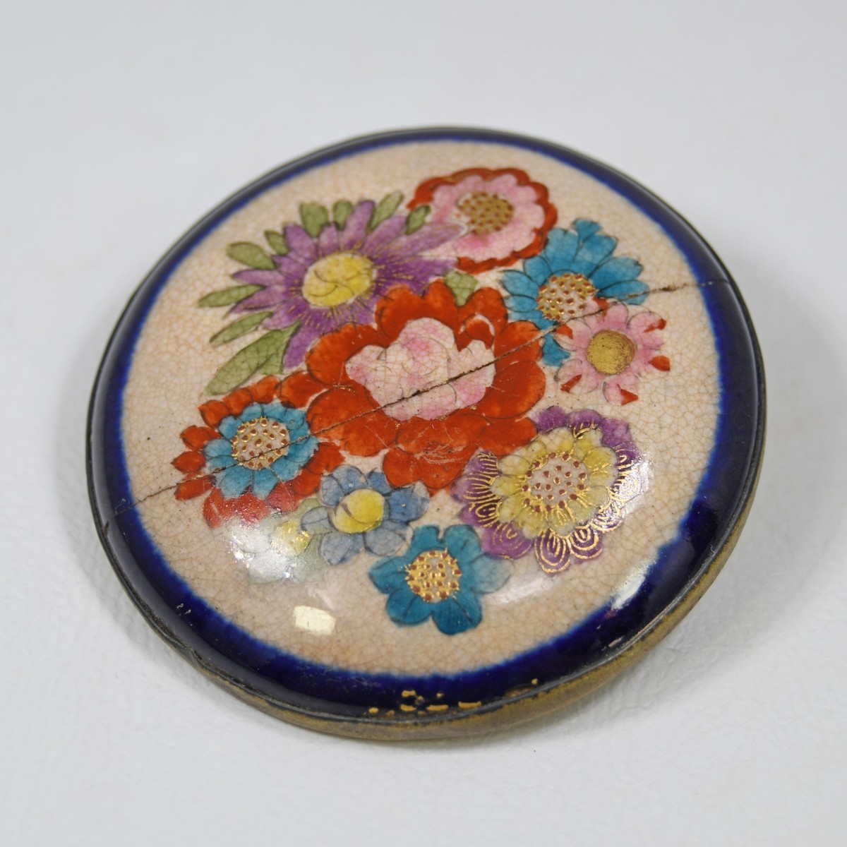 Japanese Satsuma Porcelain Pinback Brooch Floral Torii Mark VTG