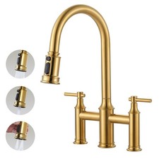Bridge Kitchen Faucet Brushed Gold: 3 Holes Brass Bridge Faucet with Pull Dow...