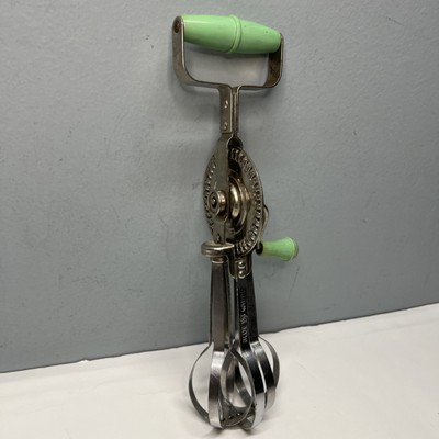 Vintage Green Handle Blue Whirl Stainless Steel Kitchen Beater Hand Mixer Vtg GC