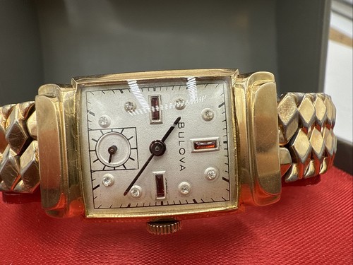 1949 Bulova Beau Brummell quadrante rubino e diamanti art deco anse con cappuccio unisex - Foto 2 di 8