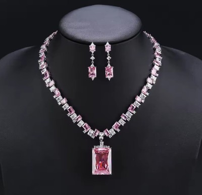 Designer Cubic Zirconia Pink Stone Rectangle Shape Necklace Earrings Set CN