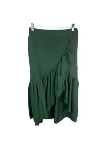 Emerson Lang Womens Skirt Asymmetrical Tiered High Low Ruffle Midi Dark Green XL