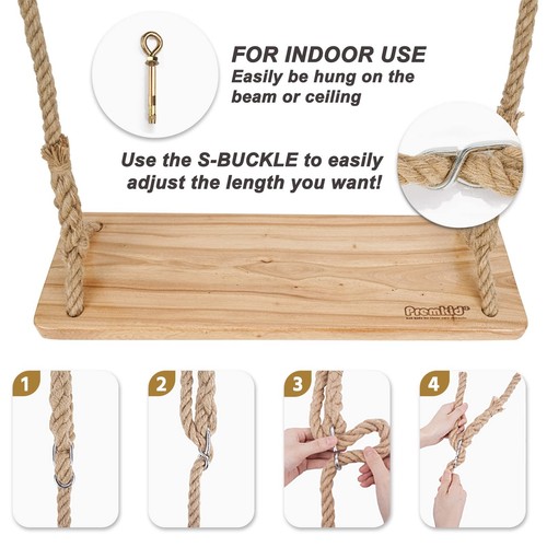 Hanging Wooden Swing, 24"x 8"x 1.2" Tree Swing for Adults and Kids with 500lb... - Picture 5 of 9