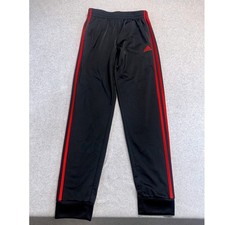 Adidas Track Pants Kids Medium 10/12 Black Red 3-Stripes Regular Fit Athletic
