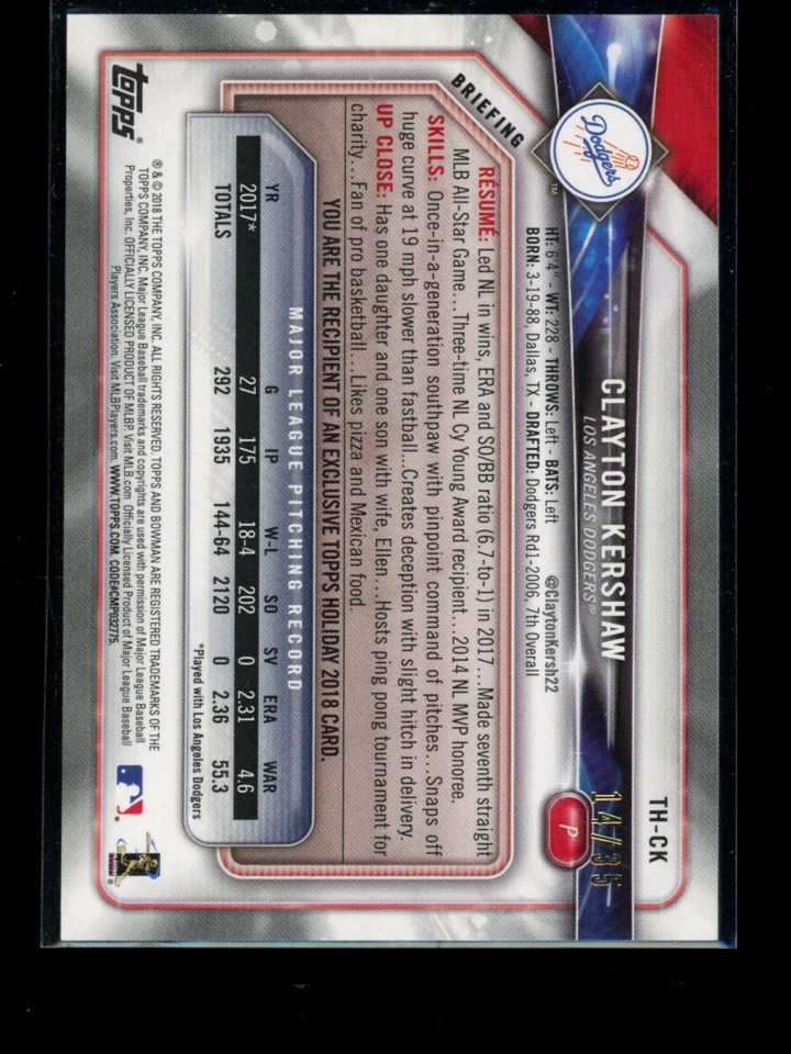 CLAYTON KERSHAW - 2018 TOPPS HOLIDAY TURKEY #d 14 /35 - Dodgers GOAT - Image 2 of 2