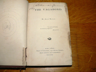 Antique 1859 ''The Vagabond'' a Novel by Adam Badeau 1st Edition Hardcover Book