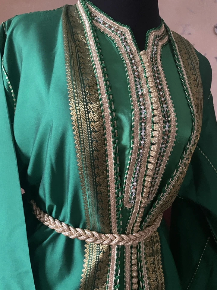 Vestido verde saree ouro 10/25 marroquino caftan kaftan Jellaba takchita 2 peças - Imagem 2 de 4