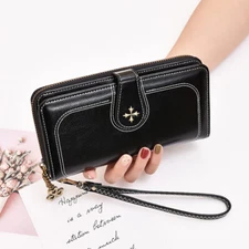 Large Capacity Women Wallet Wax Leather Credit Card Holder Mobile Phone Bag