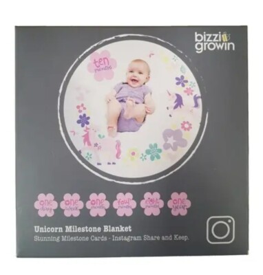 Bizzi Growin Einhorn Meilenstein Decke - 70x70cm 100% Baumwolle - 14 Meilensteinkarten