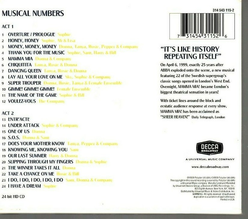 Mamma Mia! CD Decca Records, 1999, 314 543 115-2, Original