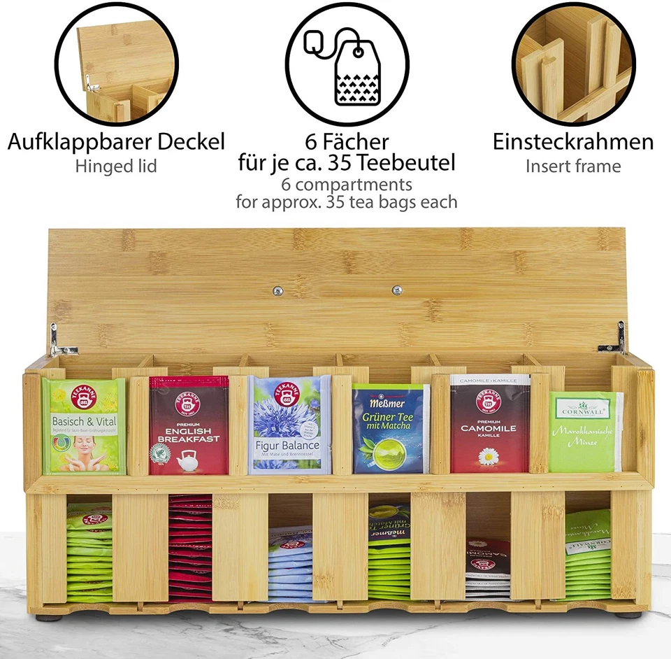 ONVAYA® Teebox aus Holz | Teekiste mit 6 Fächern | für ca. 200 Teebeutel - Bild 3 von 4