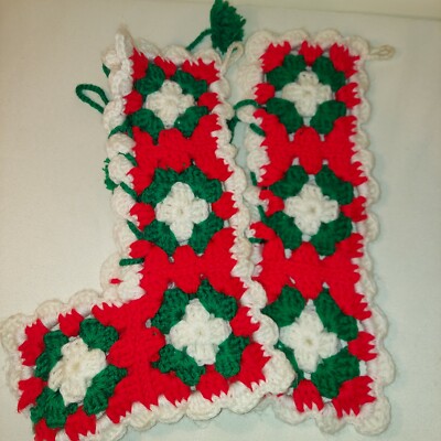 Vintage Granny Square Crochet Christmas Stocking Handmade Red Green White Pom Po