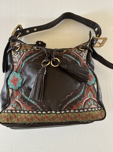 Isabella Fiore Boho Handbag Embroidered Brown Leather Large Shoulder Bag.