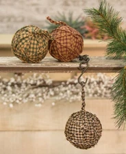 Set of 3 Primitive PLAID RAG BALLS Bowl Fillers Burgundy Black Green 3.5"