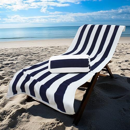 2-Pack Oversized 35x70 Beach Towels, 100% Cotton Velour, Cabana Stripe Navy - Picture 2 of 5