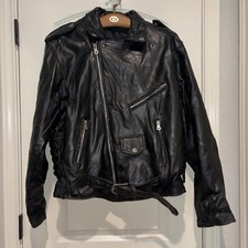 Vtg Diamond Plate Buffalo PATCH Leather Motorcycle BIKER Jacket Black Men's L
