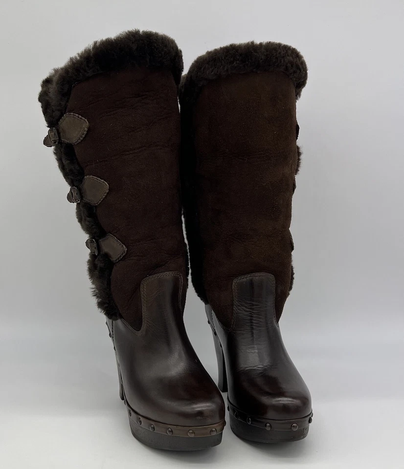 Botas de plataforma de cuero de piel de cordero marrón piel de oveja Frye Ella para mujer talla 6 B zapatos Foto 2 de 4