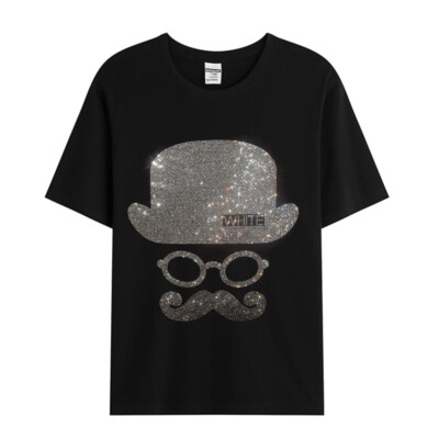 Fashion Character Rhinestones Summer Short Sleeve Luxury Men Trend Black T-Shirt