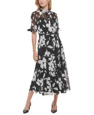 Calvin Klein Petite Floral-Print Shirtdress Black White 12P