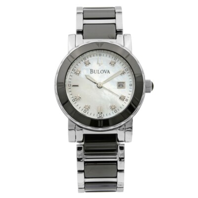 Bulova Highbridge 98P122 Women\'s Diamond Watch - White MOP Dial - 2-Tone Ceramic Bulova Ladies Watch - 13 For Sale on 1stDibs | bulova bangle  main image 2