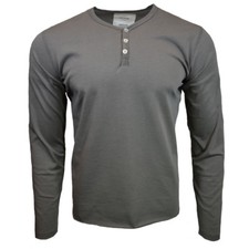 Mens Henley Long Sleeve Shirt Slim Fit Button Pullover CHARCOAL NEW