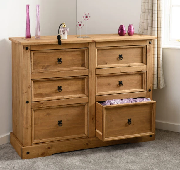 Solid Waxed Pine 6 Drawer Chest H104.5cm X D49cm x W133cm CORONA