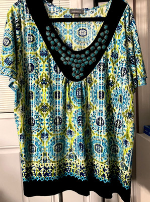 NWOT 2X ESSENTIALS  TOP BLOUSE LIME GREEN TURQUOISE BEADS  POLY SPANDEX #DB