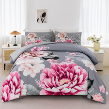 Grey Bed Comforter Set King Size 3 Pieces Pink Flowers Printed Bedding Set Soft