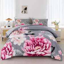 Grey Bed Comforter Set King Size 3 Pieces Pink Flowers Printed Bedding Set Soft 