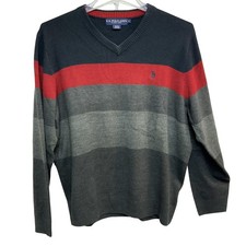 US Polo Assn Sweater Mens Large Gray Red Striped V Neck Pullover Acrylic Logo
