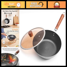 10.2" Carbon Steel Flat Bottom Wok with Glass Lid, Coating-Free Stir Fry Skillet