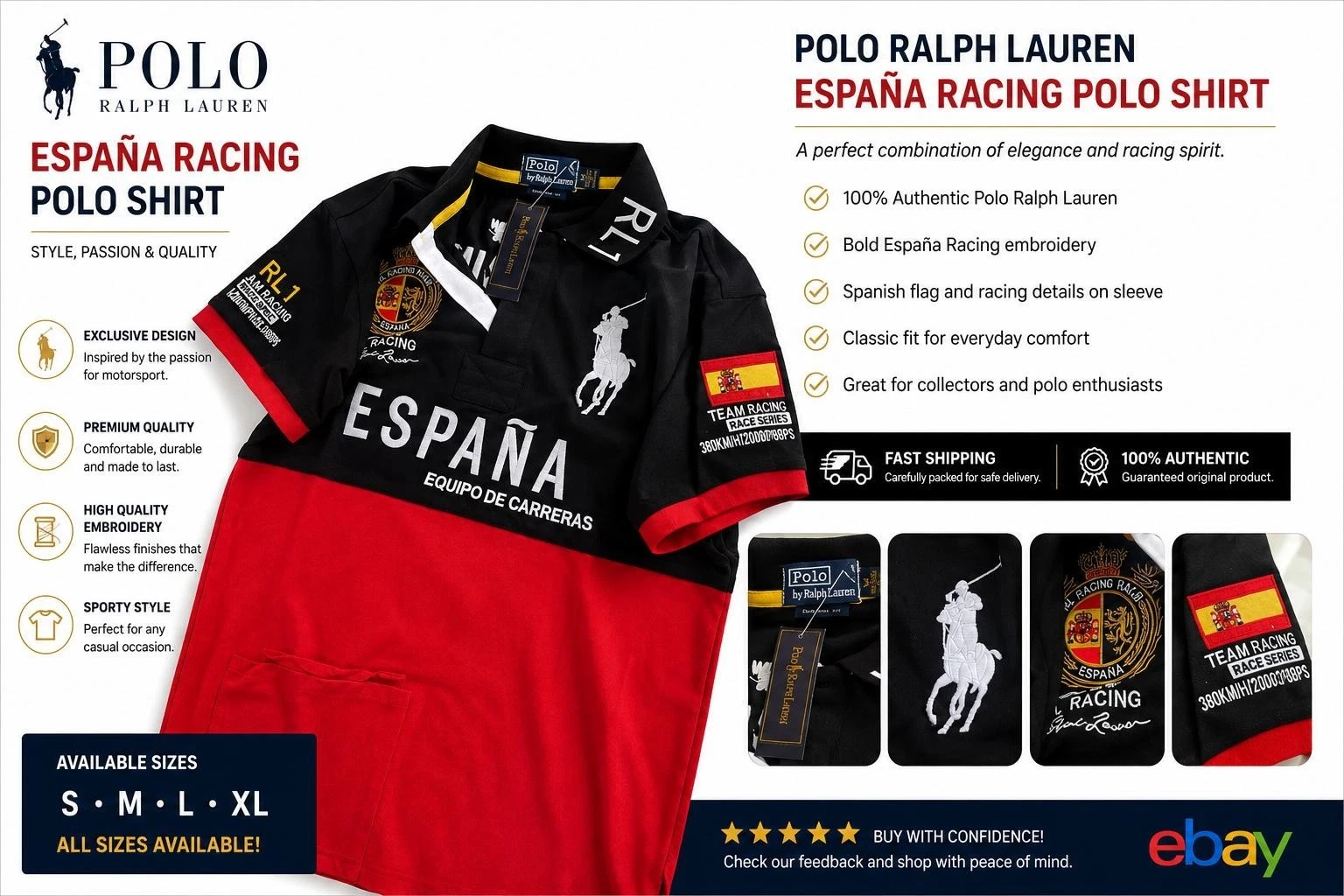 Polo Ralph Lauren RL Racing España Polo Shirt Mens XL Black Red Big Pony 3 Spain - Picture 1 of 6