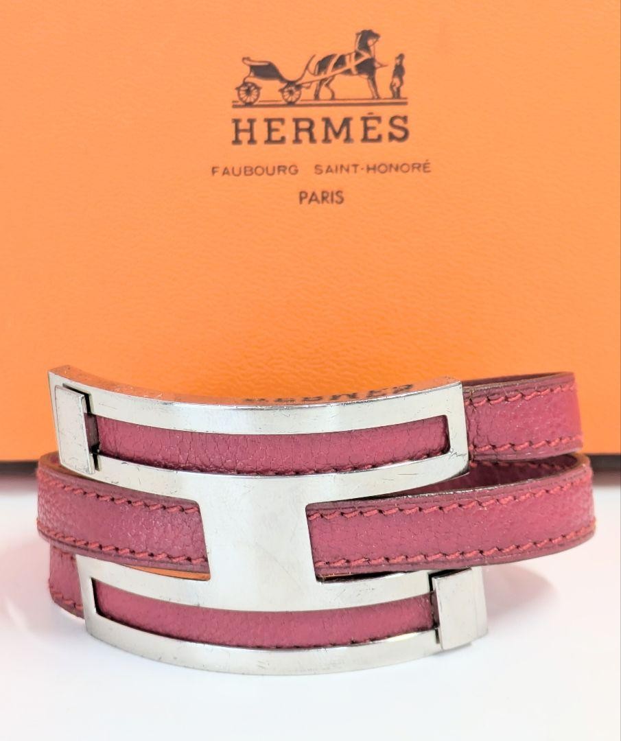 Hermes H Logo Pink Leather Bangle 2-Row 6in No Box Pre-Owned Excellent
