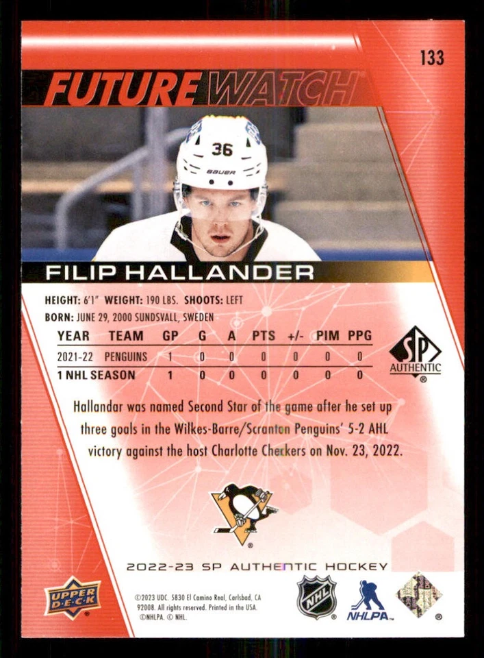 2022-23 SP Authentic Limited Red #133 Filip Hallander FW - Image 2 of 2