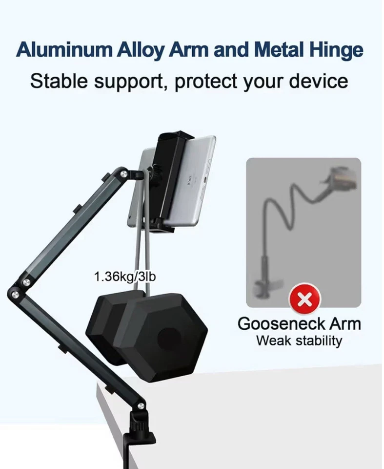 Adjustable Aluminum Tablet Desk Clamp Stand for iPad Pro Air Mini Surface Galaxy - Image 3 of 4