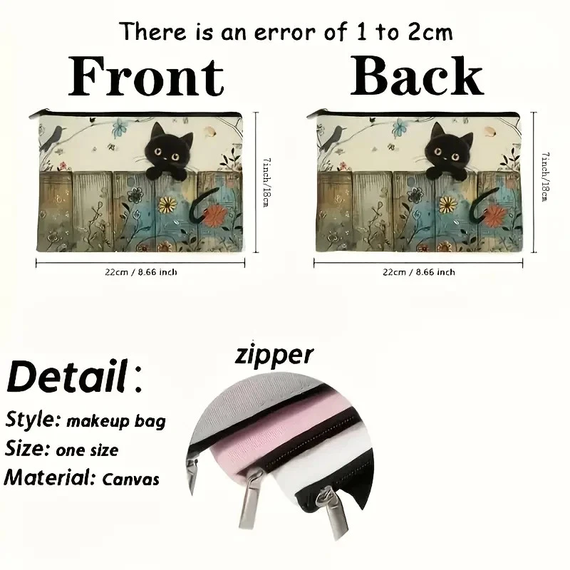 Cute Black Cat on Fence Canvas Makeup Bag Pencil Case Toiletry Pouch Zipper Gift - Image 4 of 4