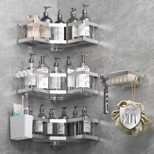 Duschablage Ohne Bohren 5 Pcs Edelstahl Silber RostbestäNdig Badezimmer Regal-image