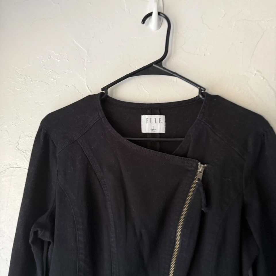 ELLE черный Moto куртка L пеплум кромки полный молнии длинным рукавом повседневный гранж - Изображение 3 из 4