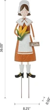 Pilgrim Girl Thanksgiving Metal Yard Stake 36" Fall Lawn Art Garden Decor Accent