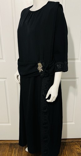 Vintage 1920's Black Wool Dress Soutache Trim Ornate Dress Clip on Belt Sz L - Picture 5 of 12