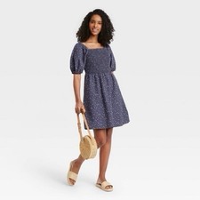 Universal Thread Blue Floral Smocked Puff Sleeve Mini Dress XS Pockets Beachy