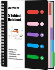 5 Subject Notebook 8.5x11inch, Wide Ruled Spiral Notebook, Black
