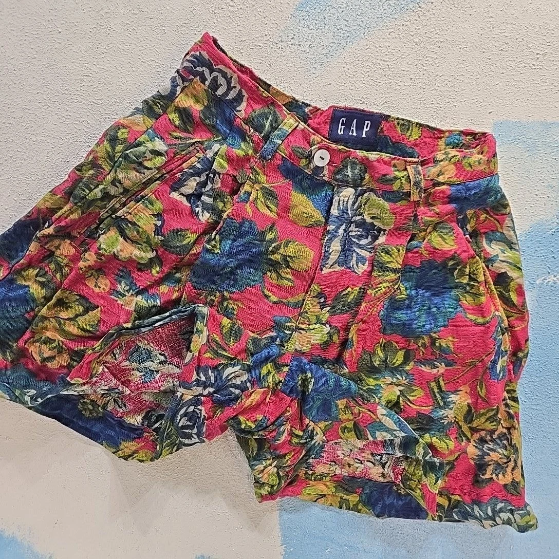 VTG GAP Women S Pink Floral Linen Rayon Pleat Shorts Italy 24x3" Waist Boho EUC