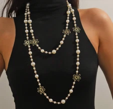 Big White Gold Pearl Multi Strand Layered Bead Chunky Jewelry  Long Necklace