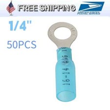 50PCS Heat Shrink Ring Terminals 1/4" Eyelet Wire Connectors - Blue 16-14 Gauge