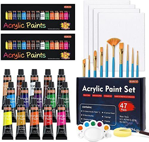 Vernice acrilica Shuttle Art pigmento acrilico set 47 pezzi 15 colori 10 pennelli - Foto 1 di 1