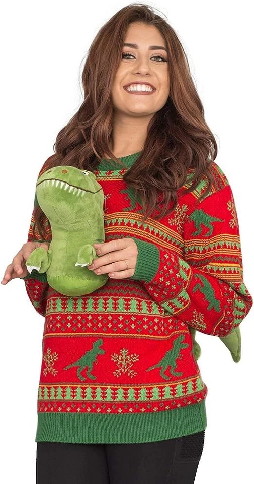 Adult Unisex 3D T-Rex Red and Green Ugly Christmas Sweater - Image 2 of 4