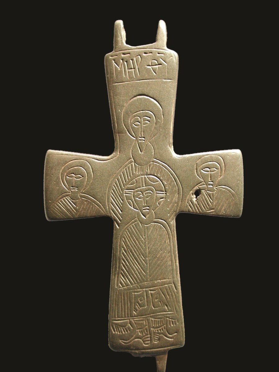 RARE Ancient Byzantine Bronze Christian Cross w/ Christ, Mary, 9